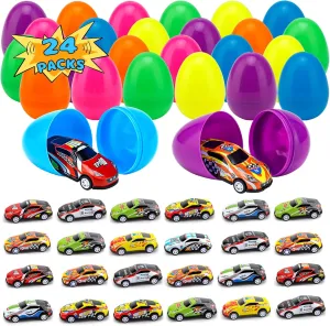 24 Pack Easter Eggs with Toys Inside, Prefilled Easter Eggs with Different Pull Back Racing Cars for Toddler Kids Basket Stuffers, Egg Hunt and Party Favors, Filled Easter Eggs