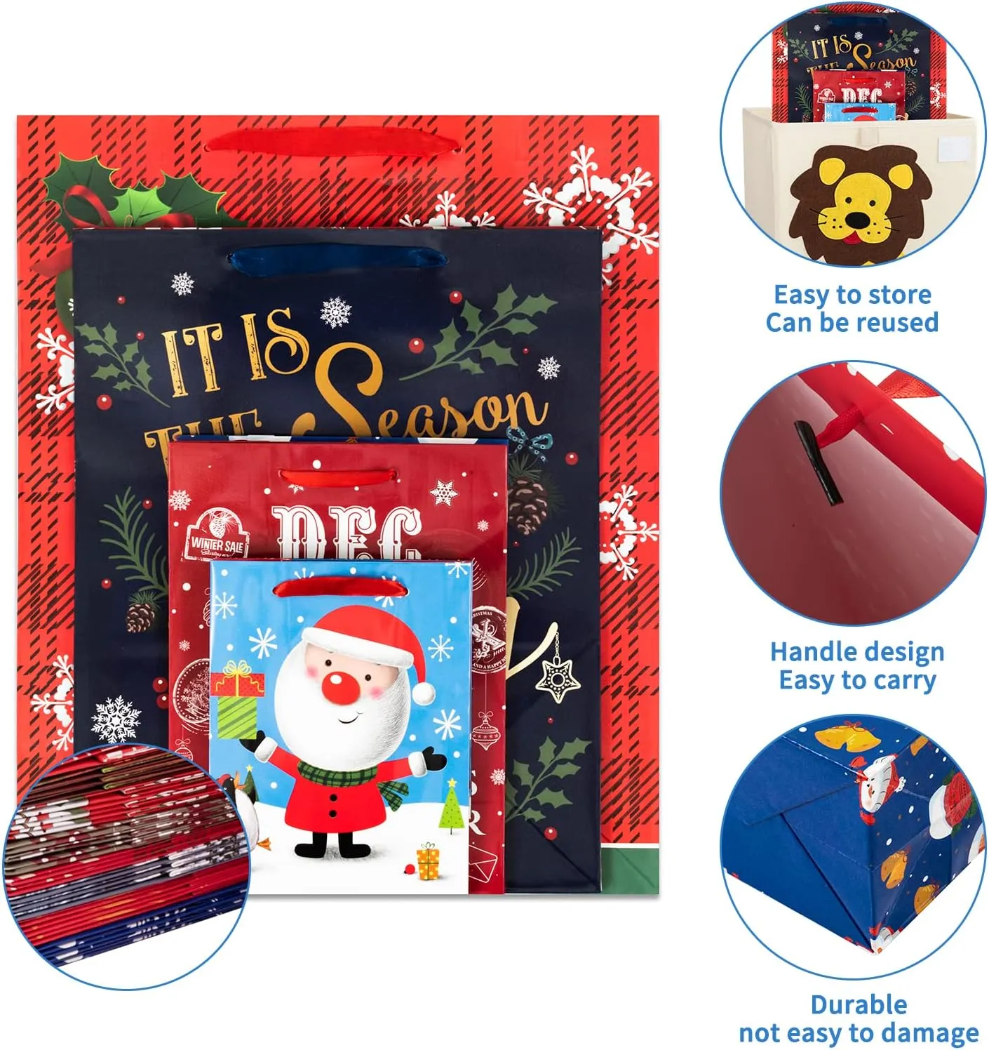 24 PCS Christmas Gift Bags Assortment, Featuring Snowflake, Reindeer, Christmas Tree, Santa Claus with Gifts Holiday Designs – Perfect for Festive Wrapping, 6 X-Large, 6 Large, 6 Medium, 6 Small