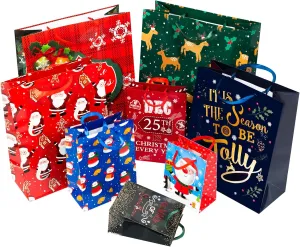24 PCS Christmas Gift Bags Assortment, Featuring Snowflake, Reindeer, Christmas Tree, Santa Claus with Gifts Holiday Designs – Perfect for Festive Wrapping, 6 X-Large, 6 Large, 6 Medium, 6 Small