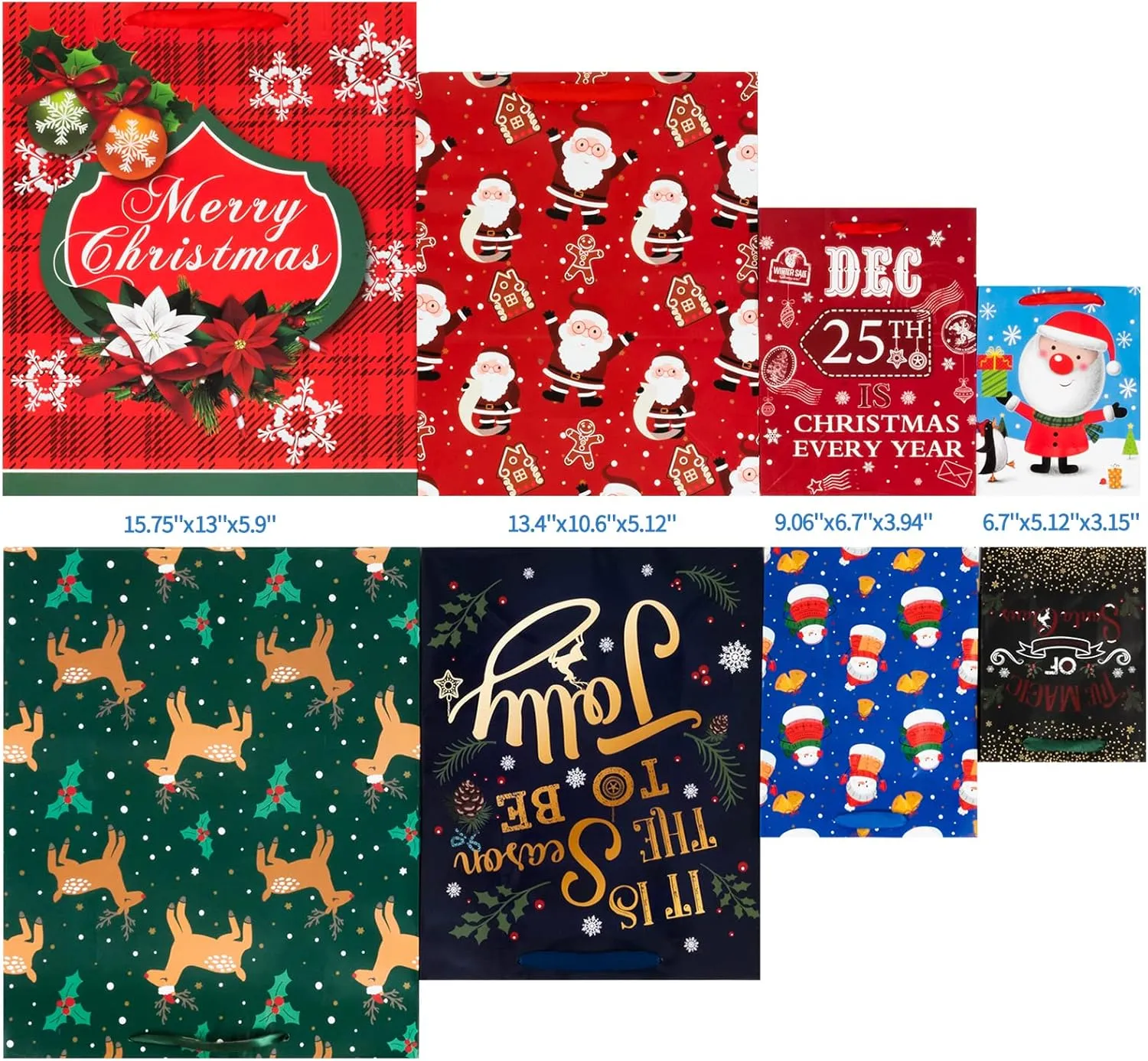 24 PCS Christmas Gift Bags Assortment, Featuring Snowflake, Reindeer, Christmas Tree, Santa Claus with Gifts Holiday Designs – Perfect for Festive Wrapping, 6 X-Large, 6 Large, 6 Medium, 6 Small