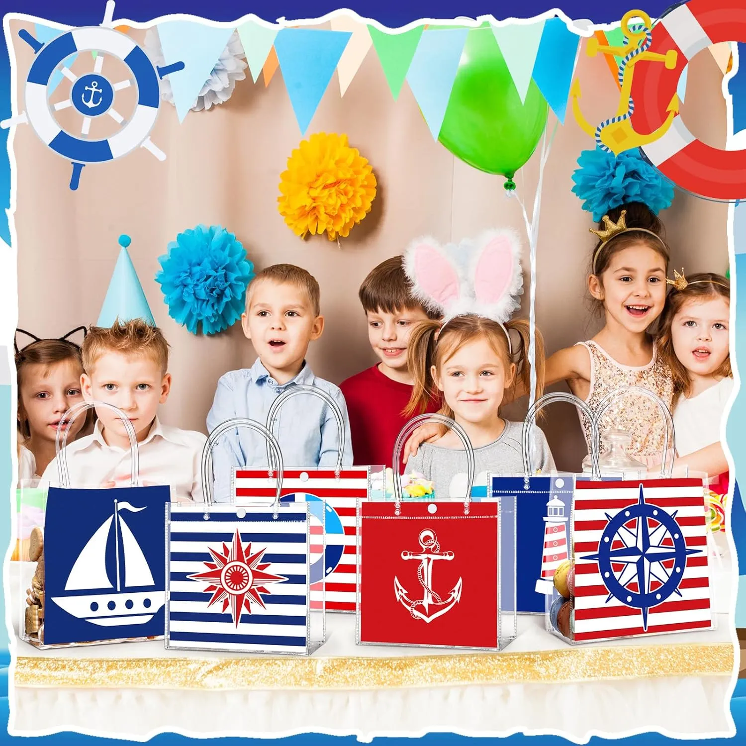24 Pcs Nautical Party Favor Bags Cruise Clear PVC Gift Bags with Handle for Birthday Party Supplies