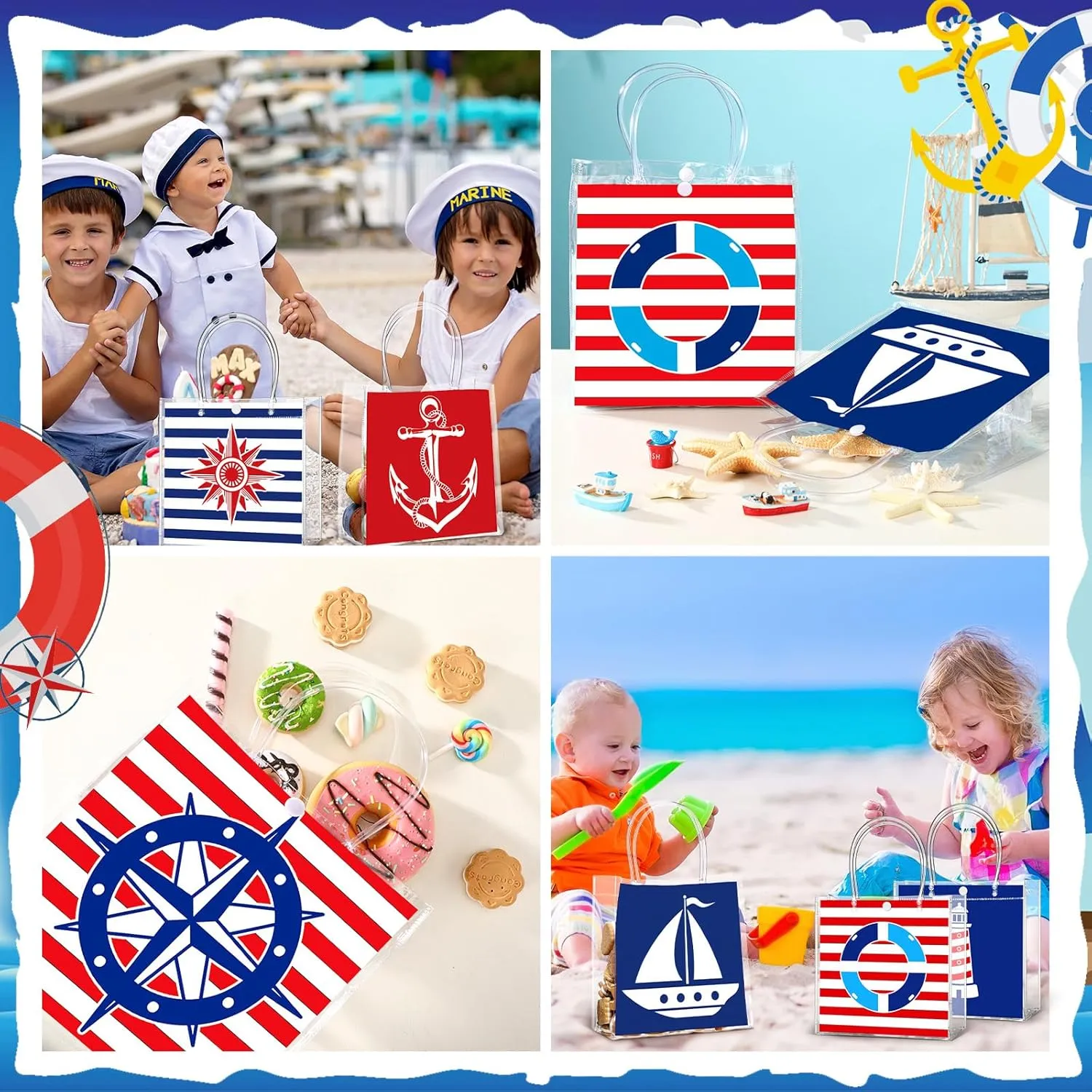 24 Pcs Nautical Party Favor Bags Cruise Clear PVC Gift Bags with Handle for Birthday Party Supplies