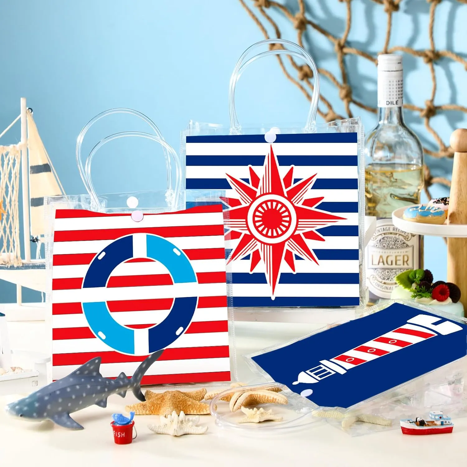 24 Pcs Nautical Party Favor Bags Cruise Clear PVC Gift Bags with Handle for Birthday Party Supplies