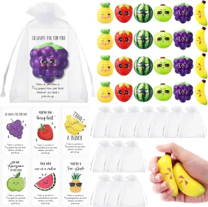 24 Sets Fruit Stress Balls with Motivational Quotes Cards Fruit Stress Balls with Positive Cards Anxiety Relief Gifts Organza Bags for Teacher Nurse Coworker Employee Volunteer