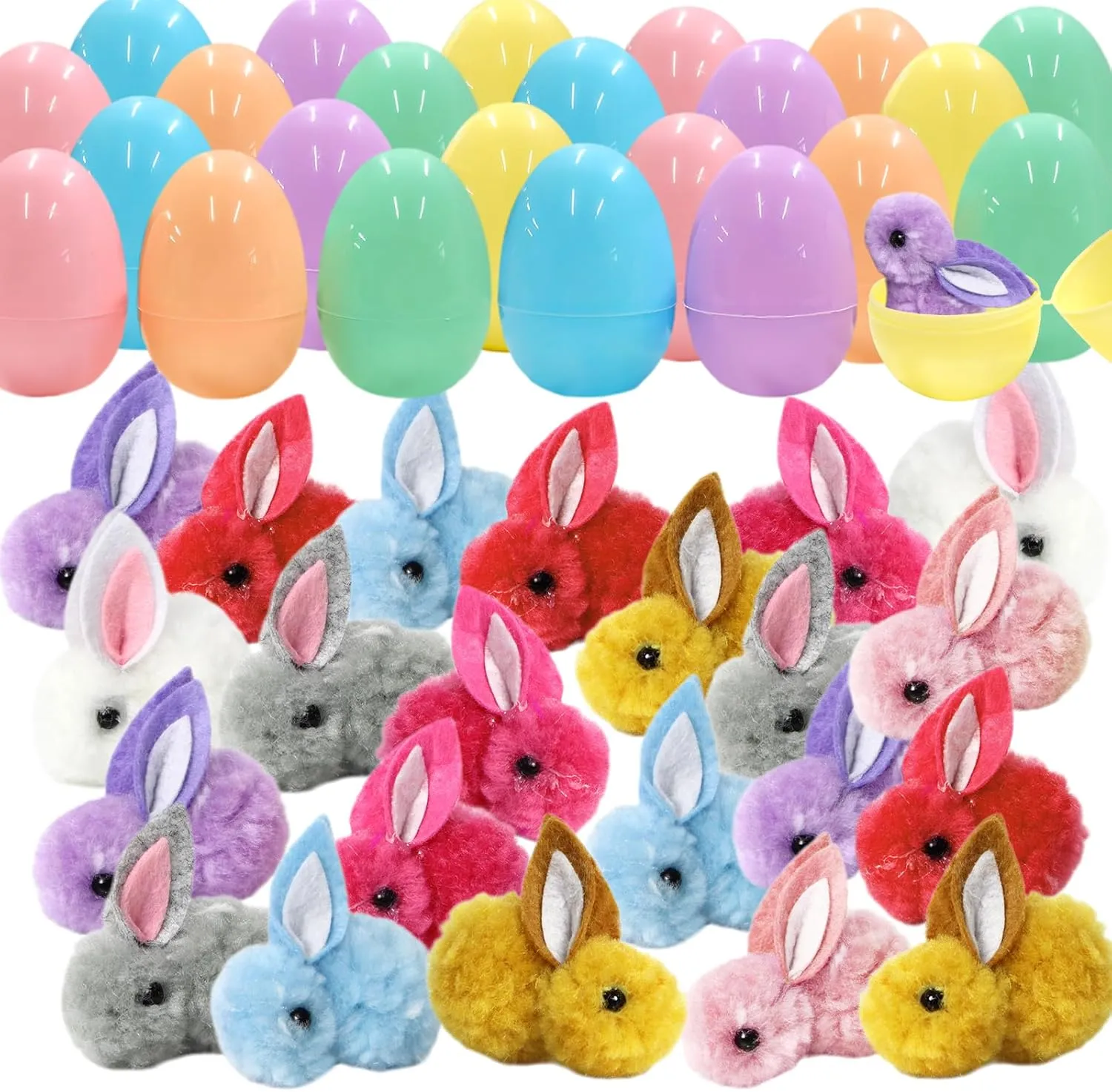 24Pcs Easter Eggs Fillers with Plush Bunny, Assorted Prefilled 24 Easter Eggs with 24 Cute Bunnies Toys Easter Basket Stuffer for Kids Easter Egg Stuffer Filler Party Favors