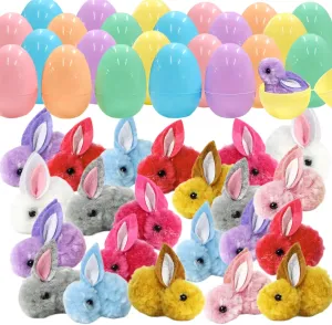 24Pcs Easter Eggs Fillers with Plush Bunny, Assorted Prefilled 24 Easter Eggs with 24 Cute Bunnies Toys Easter Basket Stuffer for Kids Easter Egg Stuffer Filler Party Favors