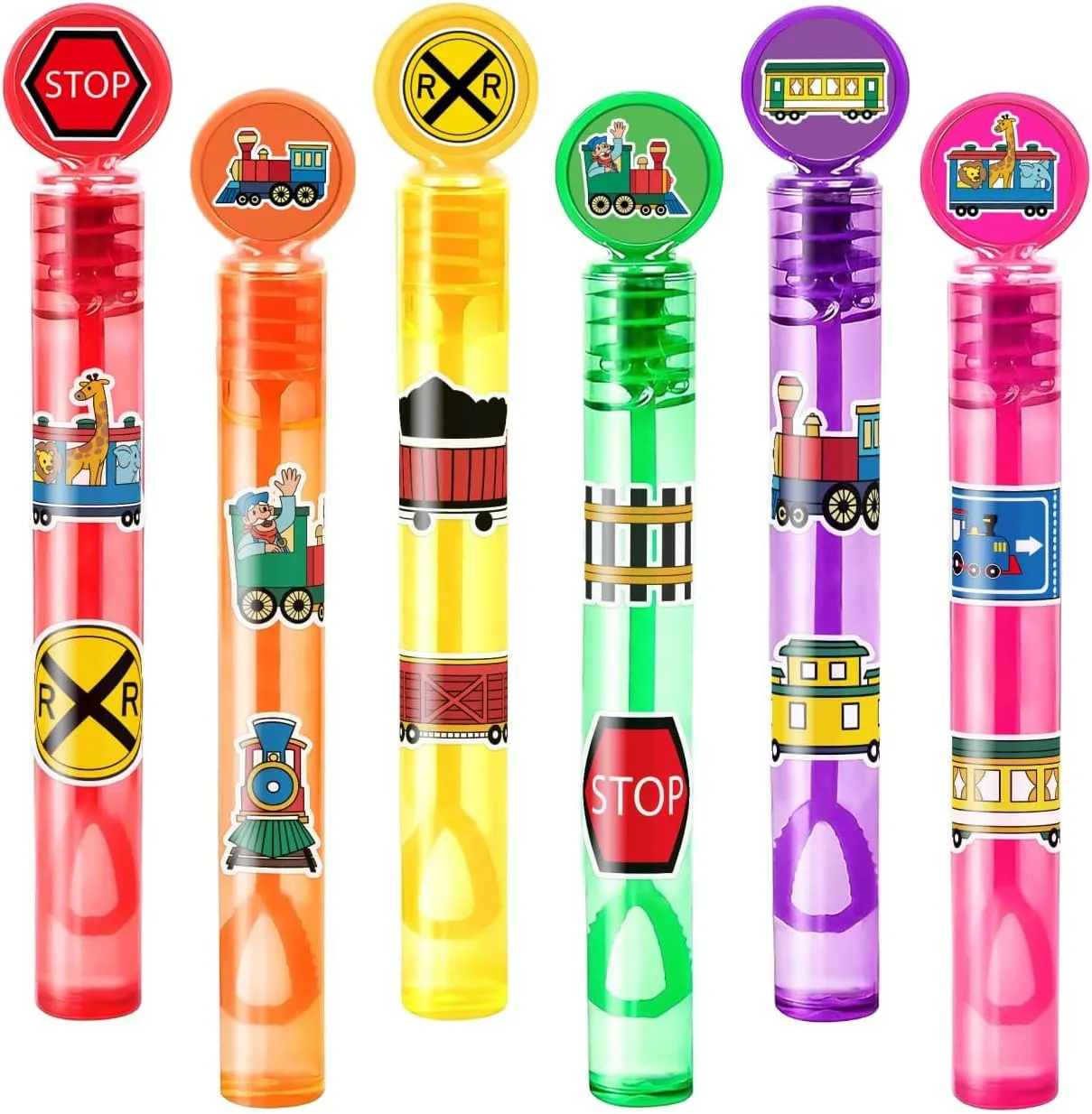 24PCS Train Bubble Wands with 96PCS Stickers - Party Favor for Goodie Bags, Pinata Stuffers, Mini Bubble Bulk Birthday Supplies, Toys Gifts, Class Prizes for Toddlers, Boys & Girls