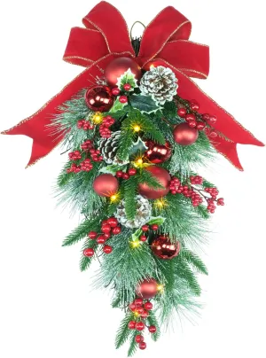 24" Pre-lit Decorative Teardrop Swag, Battery Operated Christmas Swag with Fairy Lights, Red Bowknot & Baubles, Pine Cones, Red Berries, Green Leaves Holly, Spruce Branches, Pine Needles (Red Bowknot)