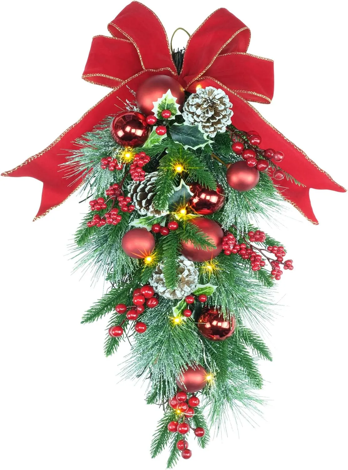 24" Pre-lit Decorative Teardrop Swag, Battery Operated Christmas Swag with Fairy Lights, Red Bowknot & Baubles, Pine Cones, Red Berries, Green Leaves Holly, Spruce Branches, Pine Needles (Red Bowknot)