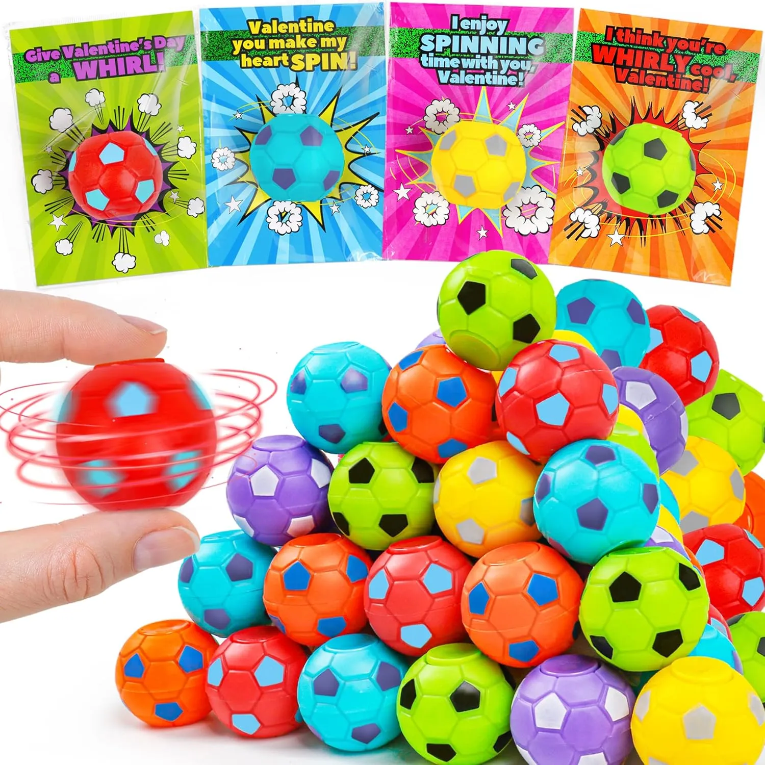 28Pack Fidget Spinner Mini Soccer Balls with Cards for Kids School Exchange Boys Valentines Party Favor Goodie Bags Stuffers Class Prizes Bulk Toys