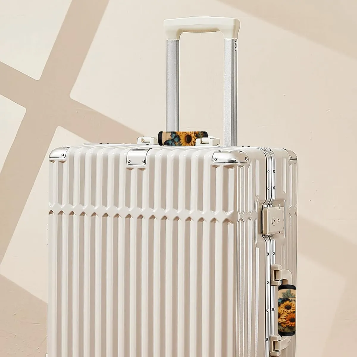 2Pcs Luggage Handle Wrap for Suitcase, Sunflower Butterfly Woodgrain Luggage Identifiers Travel Bag Wraps Suitcase Handle Protection Sleeve Cover