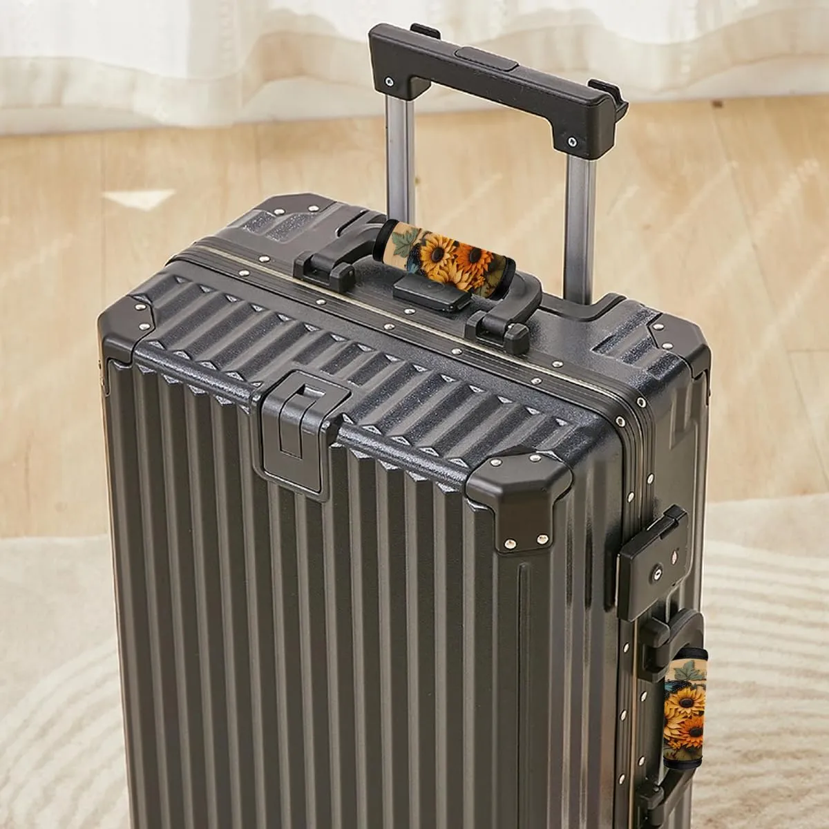 2Pcs Luggage Handle Wrap for Suitcase, Sunflower Butterfly Woodgrain Luggage Identifiers Travel Bag Wraps Suitcase Handle Protection Sleeve Cover