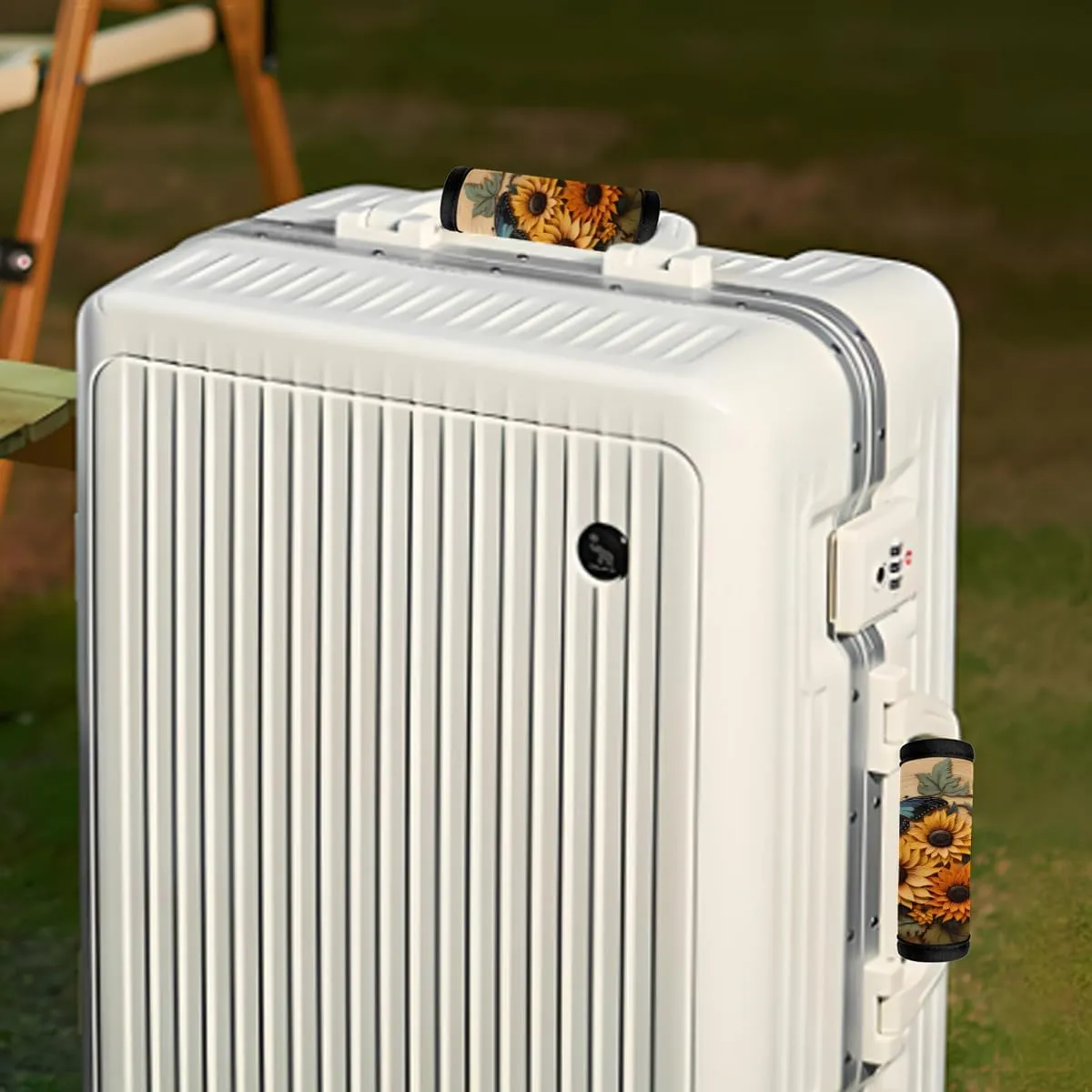 2Pcs Luggage Handle Wrap for Suitcase, Sunflower Butterfly Woodgrain Luggage Identifiers Travel Bag Wraps Suitcase Handle Protection Sleeve Cover