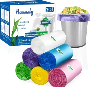 3 Gallon 300pcs Multicolr small Trash Bags Strong Garbage Bags, Bathroom mini Trash Can Bin Liners, Small Plastic Bags for office, waste basket liner, fit 12 Liter,2.6,3,3.2Gal（Multicolr 300）