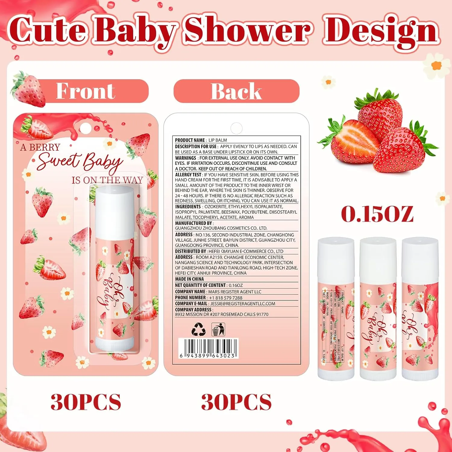 30 Pack a Sweet Strawberry Baby Shower Games Prizes Party Gifts Bulk Lip Balms Favors for Winners Adults Guests Gender Reveal Favors Decorations Baby Shower Souvenirs Gift Bags Stuffers