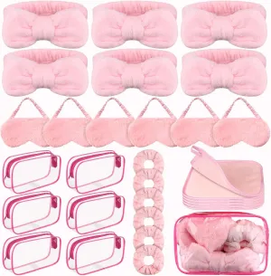 30 Pcs Spa Sleepover Party Supplies 6 Bow Makeup Headband 6 Pink Plush Sleep Eye Mask 6 Velvet Scrunchies 6 Makeup Remover Cloth 6 Clear Cosmetic Bags for Women Slumber Party Favors