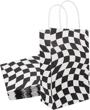 30 pieces Plaid Race Car Favors Paper Bags with Handle, Checkered Racing Gift Bags Bulks, Size 9'(H)x5.5'(L)x3.3'(D) Black and White Checkered Race Car Themed Kraft Paper Bags for Kids Birthday Party