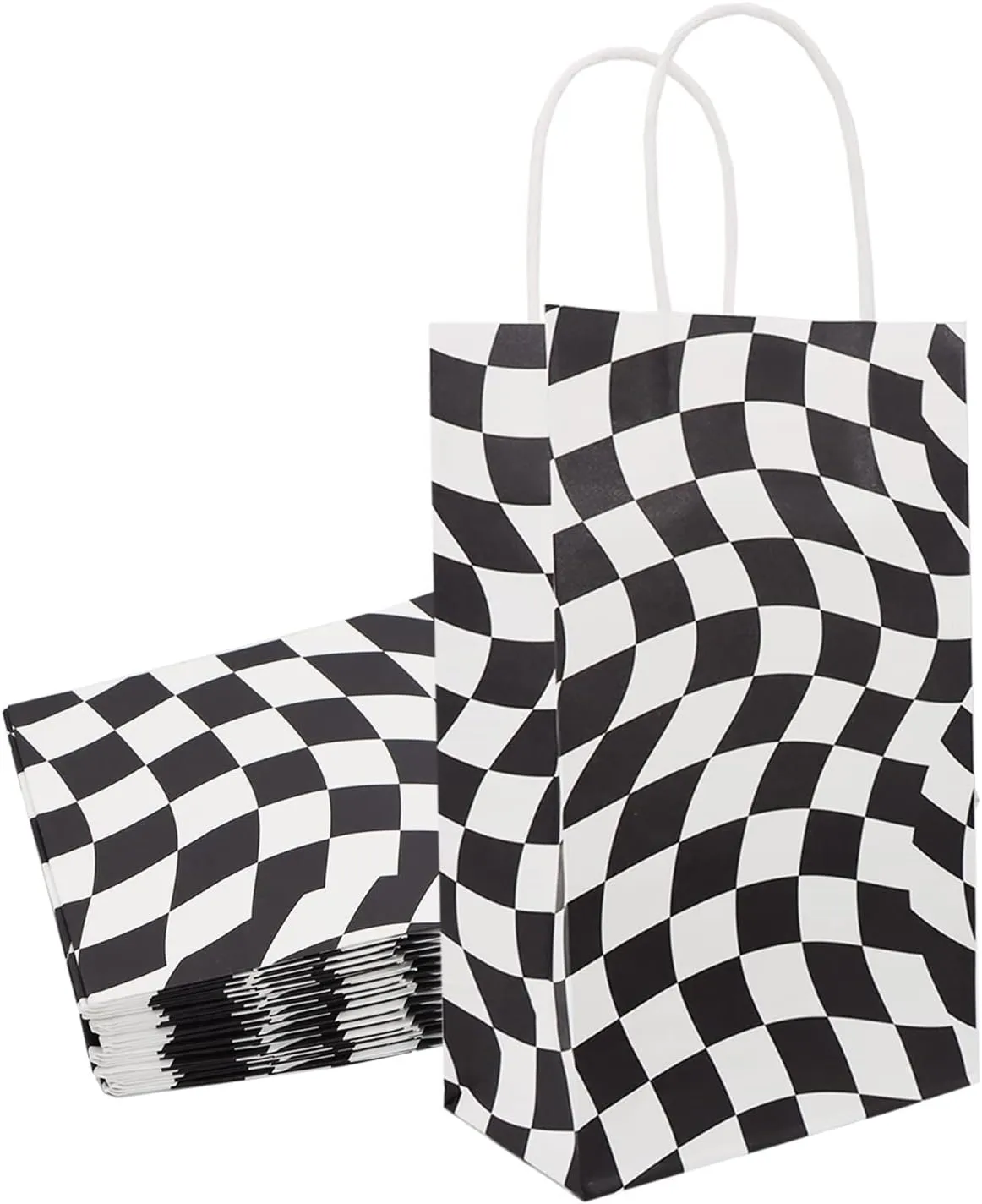 30 pieces Plaid Race Car Favors Paper Bags with Handle, Checkered Racing Gift Bags Bulks, Size 9'(H)x5.5'(L)x3.3'(D) Black and White Checkered Race Car Themed Kraft Paper Bags for Kids Birthday Party