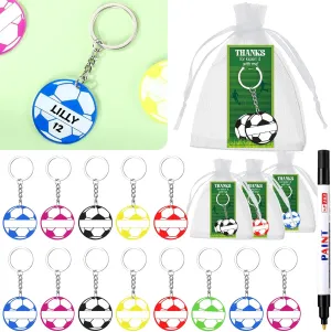 30 Sets Soccer Party Favors Bulk Football Keychains Acrylic DIY Name Colorful Sport Ball Volleyball Keychains with Thank You Cards Bags Pen for Sport Team Birthday Reward Graduation Gift