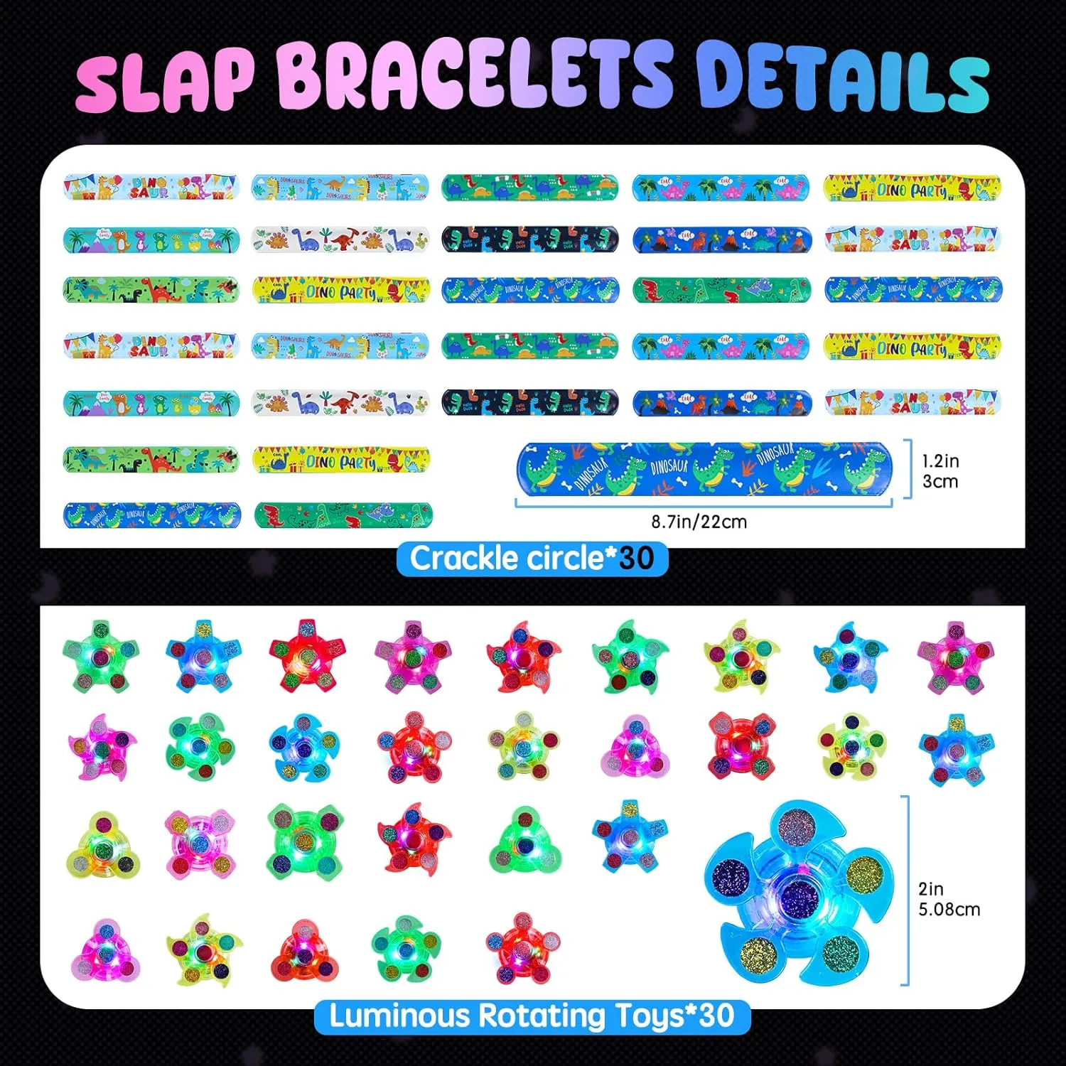30Pcs Light Up Fidget Rotating Toy   30Pcs Slap Bracelets, Dinosaur Party Favors Easter Egg Fillers Stocking Stuffers for Kids Goodie Bags Stuffers Glow in The Dark Supplies Birthday Gifts