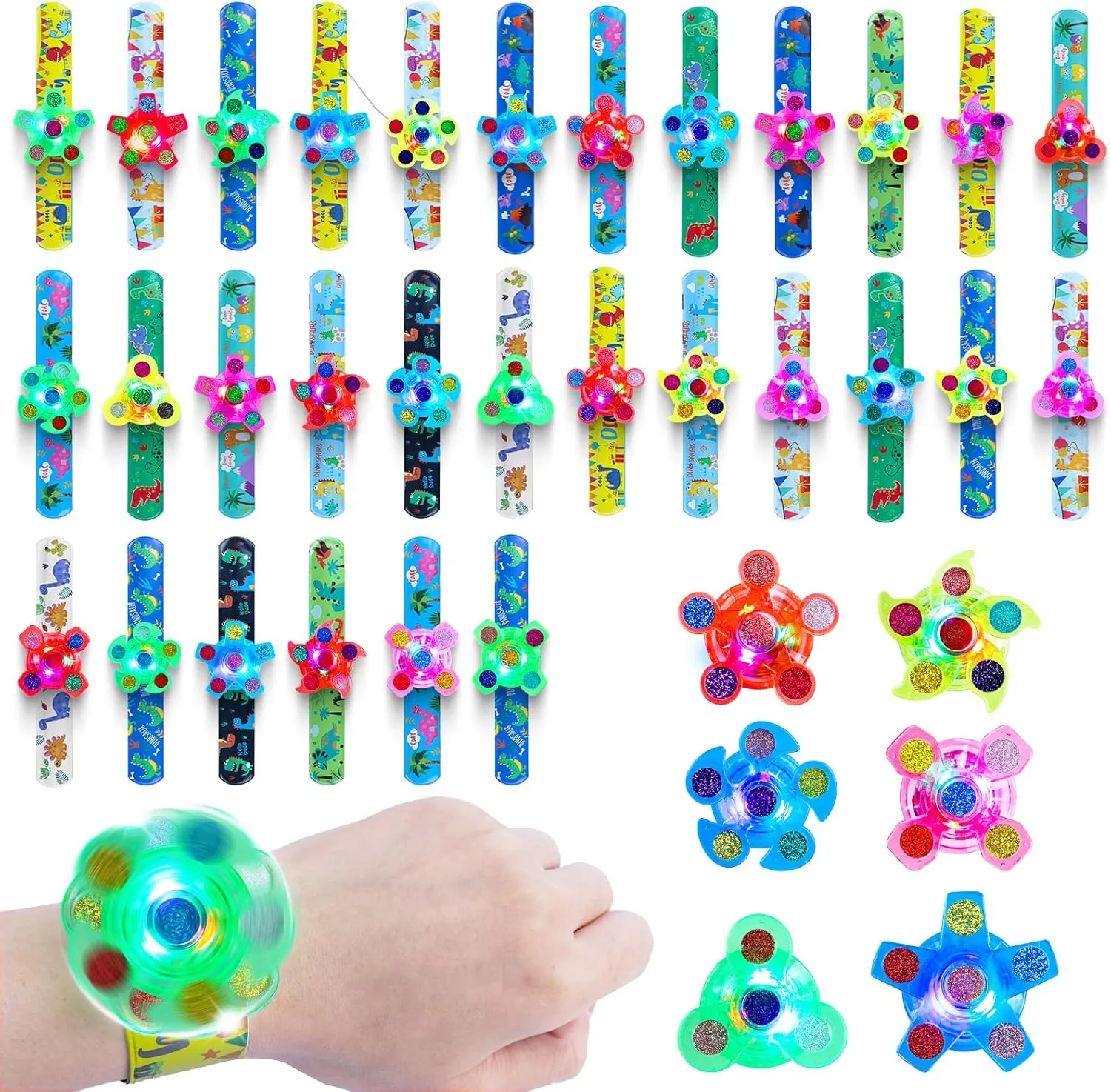 30Pcs Light Up Fidget Rotating Toy   30Pcs Slap Bracelets, Dinosaur Party Favors Easter Egg Fillers Stocking Stuffers for Kids Goodie Bags Stuffers Glow in The Dark Supplies Birthday Gifts