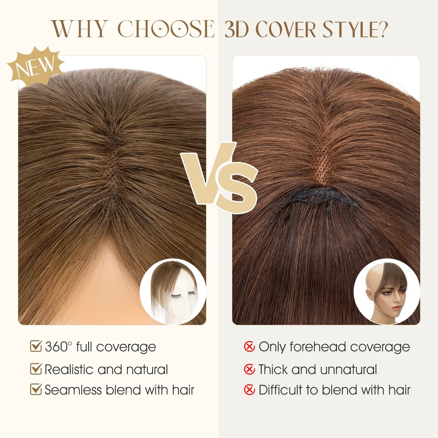 360° Cover Clip in Human Hair Topper for Women,Medium Brown Hair Toppers Hair Pieces for Daily Wear,Lightweight & Invisible(Medium Brown)