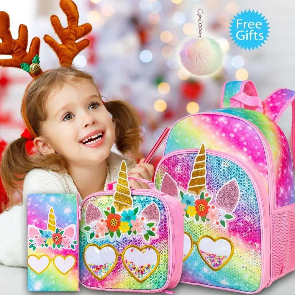3PCS Unicorn Backpack for Girls, 16" Rainbow Sequins Kids Bookbag with Lunch Box，School Bags for Elementary Preschool Kindergarten - Pink