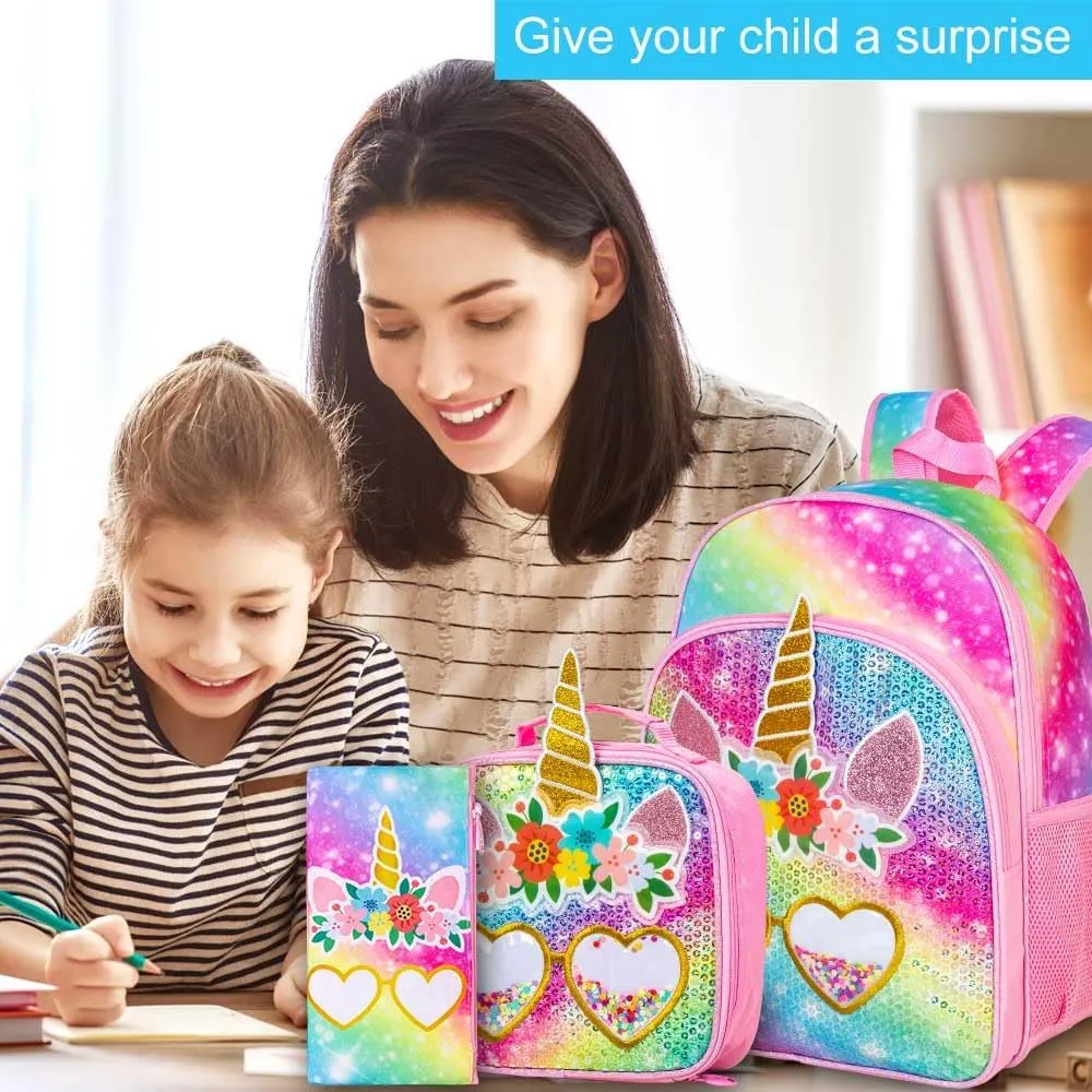 3PCS Unicorn Backpack for Girls, 16" Rainbow Sequins Kids Bookbag with Lunch Box，School Bags for Elementary Preschool Kindergarten - Pink