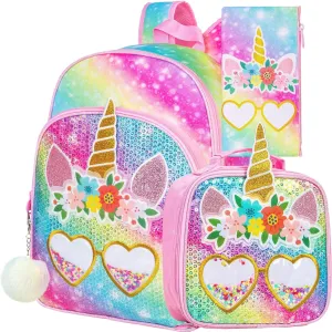 3PCS Unicorn Backpack for Girls, 16" Rainbow Sequins Kids Bookbag with Lunch Box，School Bags for Elementary Preschool Kindergarten - Pink