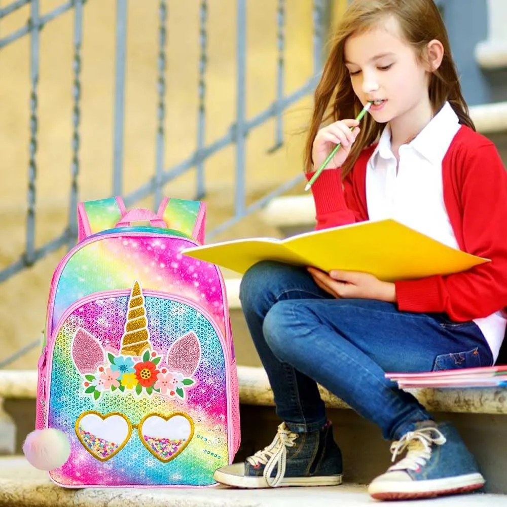 3PCS Unicorn Backpack for Girls, 16" Rainbow Sequins Kids Bookbag with Lunch Box，School Bags for Elementary Preschool Kindergarten - Pink