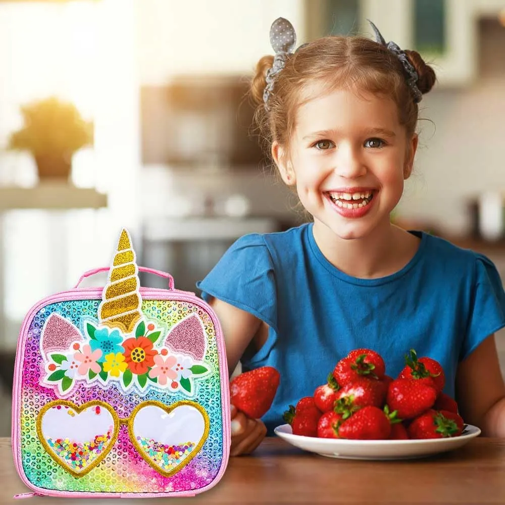 3PCS Unicorn Backpack for Girls, 16" Rainbow Sequins Kids Bookbag with Lunch Box，School Bags for Elementary Preschool Kindergarten - Pink