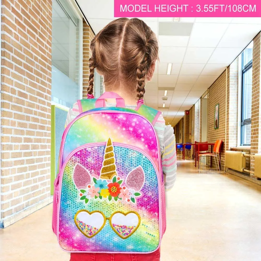3PCS Unicorn Backpack for Girls, 16" Rainbow Sequins Kids Bookbag with Lunch Box，School Bags for Elementary Preschool Kindergarten - Pink