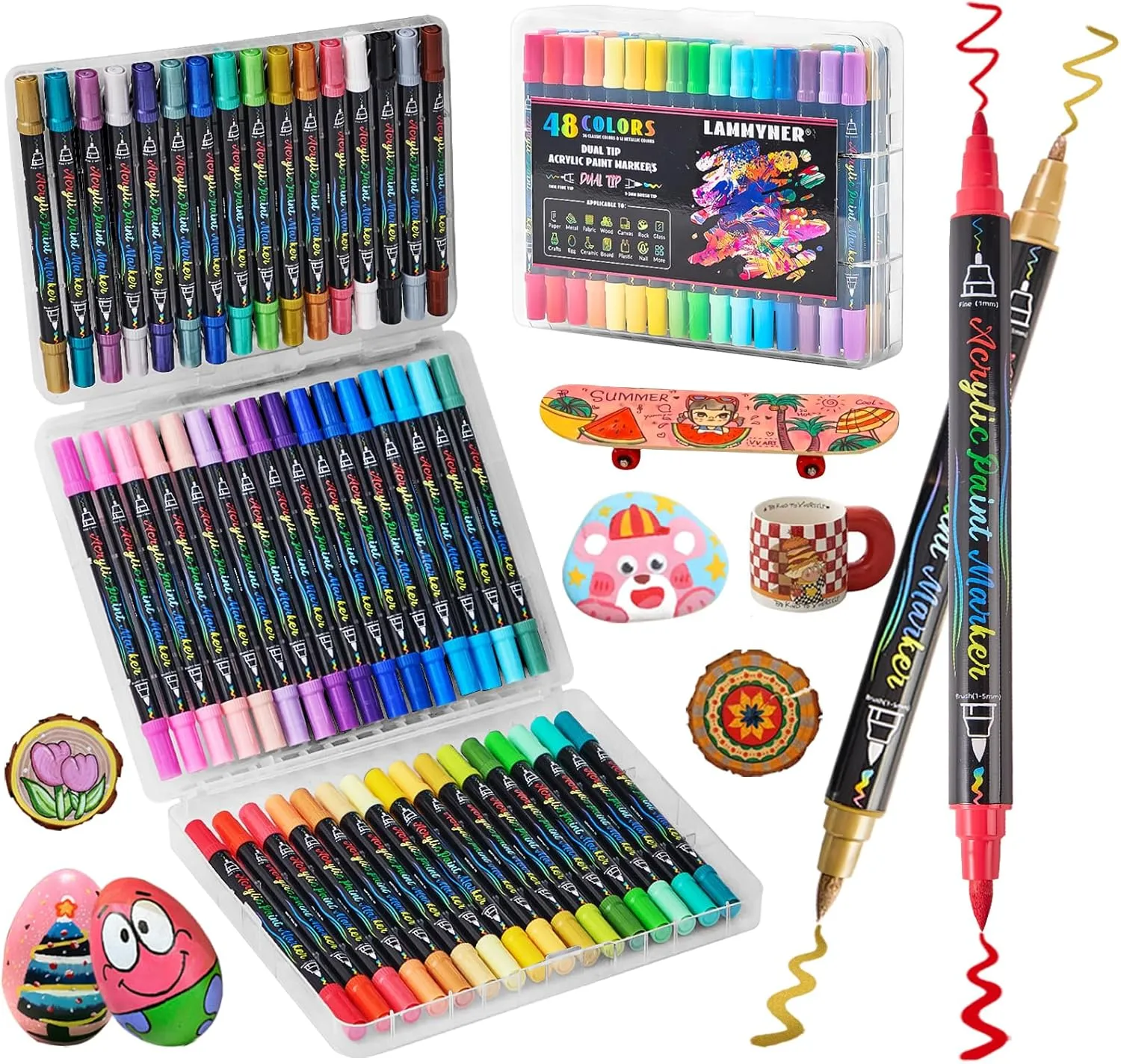 48 Colors Acrylic Markers,Dual Tip Acrylic Paint Markers with Fine Tip and Brush Tip,Acrylic Paint Pens for Rock Painting,Fabric,Crafts,Wood,Glass,Canvas,Plastic,Scrapbook,Art Supplies
