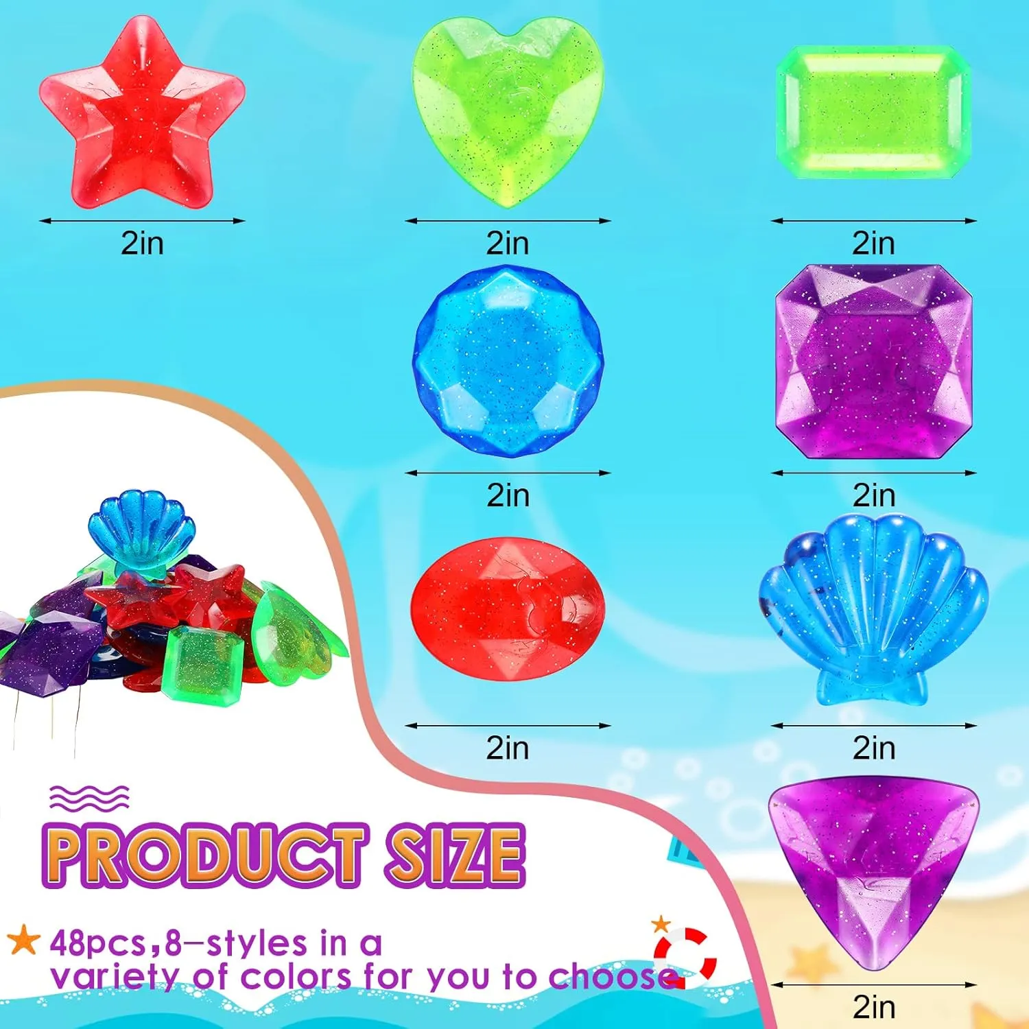 48 Pcs Dive Gems Pool Toys Swim Toys Swimming Pool Sinking Diving Gems Dive Crystals Jewels for Water Games Pirate Beach Party Bath