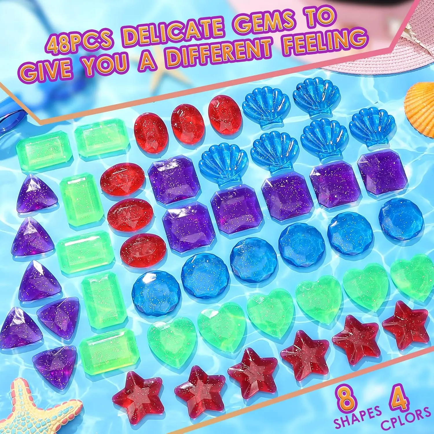 48 Pcs Dive Gems Pool Toys Swim Toys Swimming Pool Sinking Diving Gems Dive Crystals Jewels for Water Games Pirate Beach Party Bath