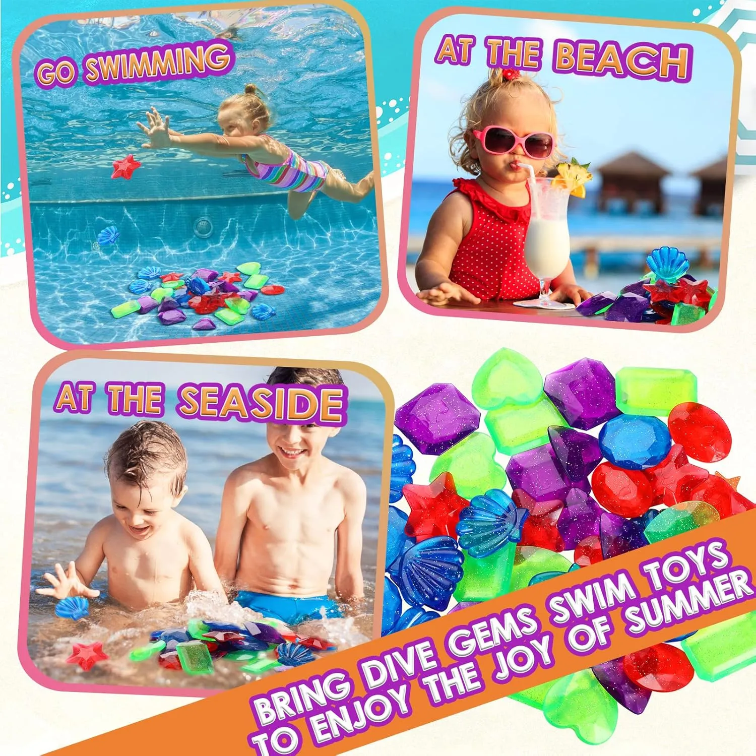 48 Pcs Dive Gems Pool Toys Swim Toys Swimming Pool Sinking Diving Gems Dive Crystals Jewels for Water Games Pirate Beach Party Bath