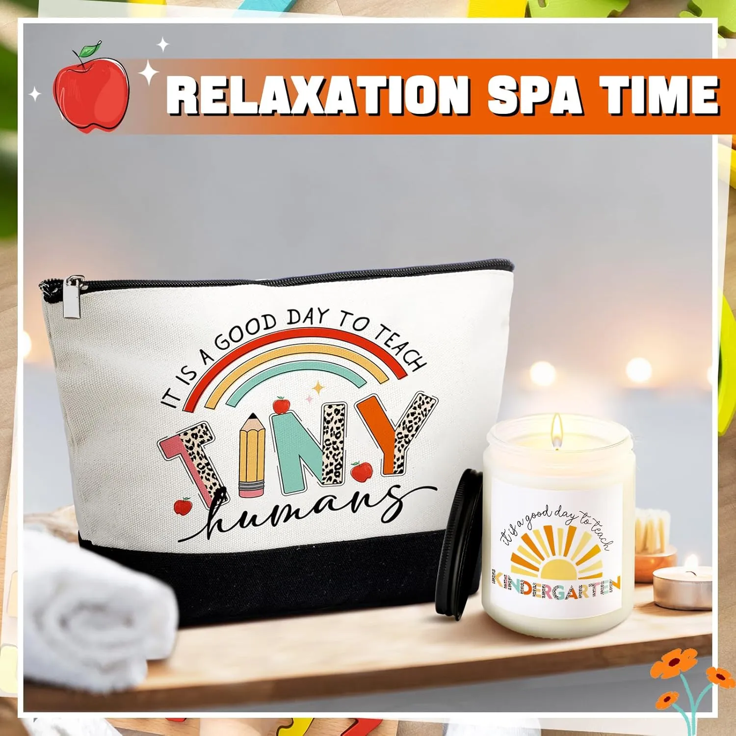 5 Pcs Gifts for Kindergarten Teacher Appreciation Gifts Tote Bag Teacher's Day Gifts Include Tote Bag Glass Cup Acrylic Puzzle Plaque Makeup Bag Scented Candle