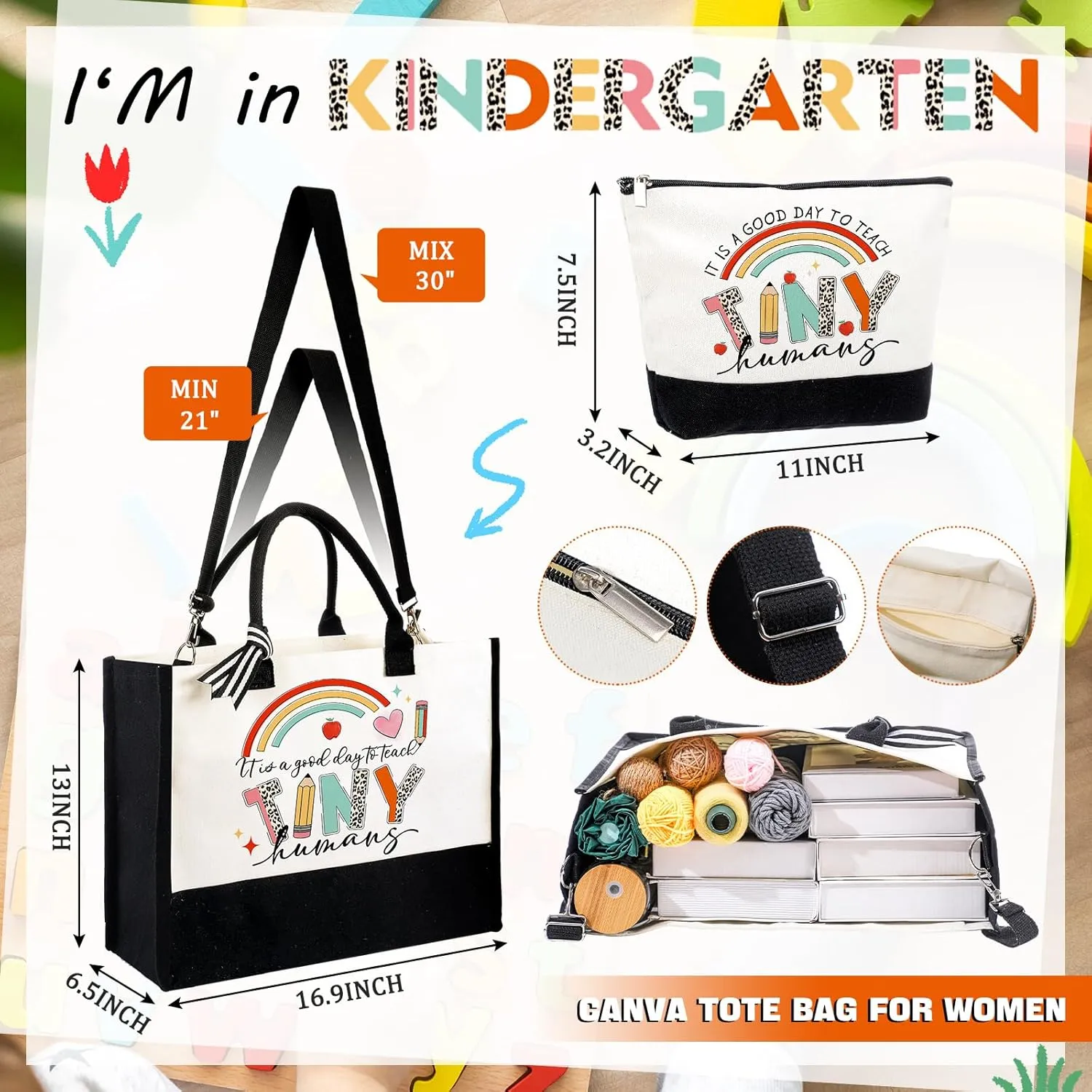 5 Pcs Gifts for Kindergarten Teacher Appreciation Gifts Tote Bag Teacher's Day Gifts Include Tote Bag Glass Cup Acrylic Puzzle Plaque Makeup Bag Scented Candle