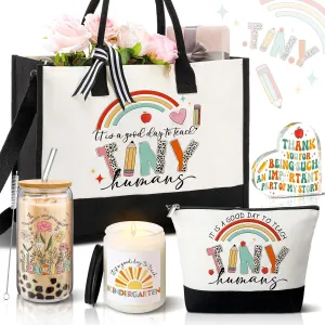5 Pcs Gifts for Kindergarten Teacher Appreciation Gifts Tote Bag Teacher's Day Gifts Include Tote Bag Glass Cup Acrylic Puzzle Plaque Makeup Bag Scented Candle