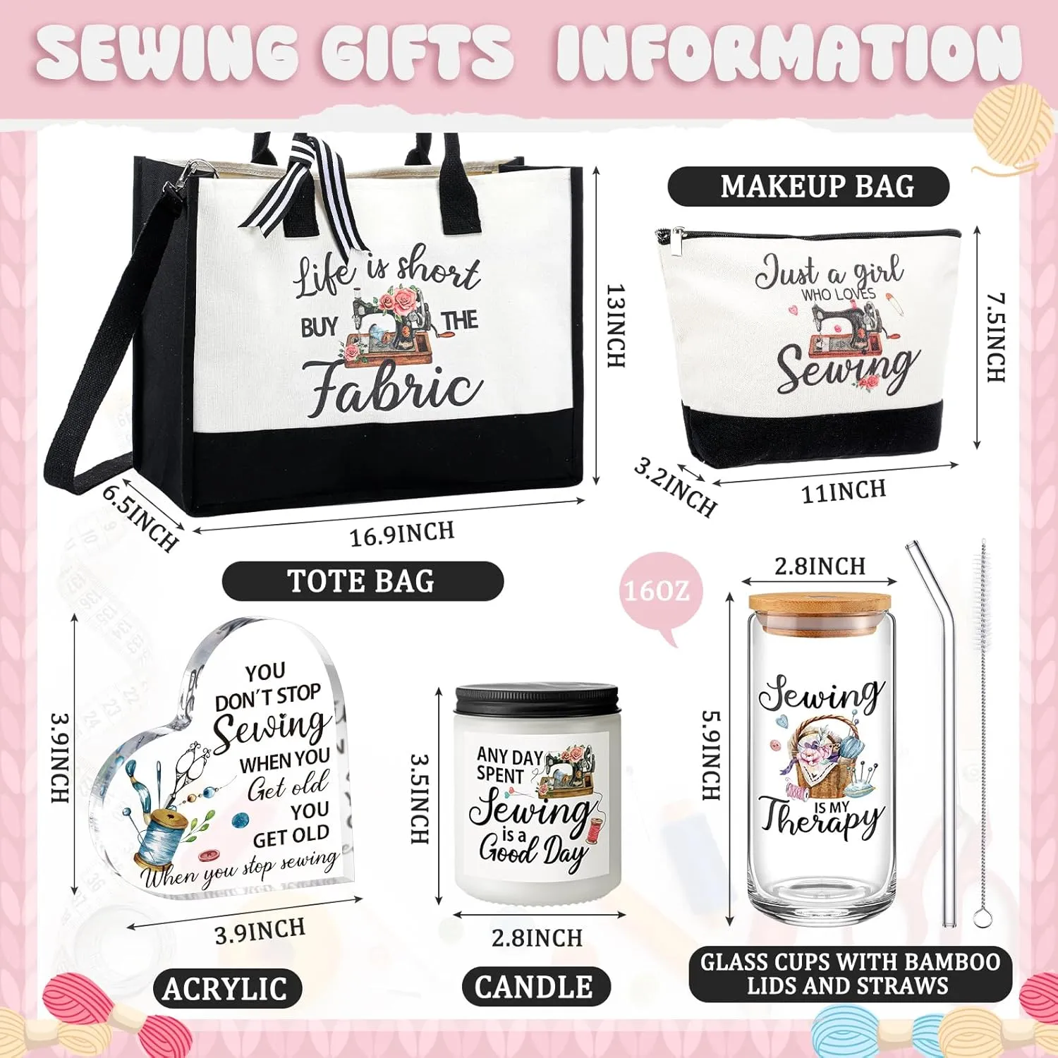 5 Pcs Gifts for Sewing Lover Appreciation Gifts Tote Bag Mother's or Teacher's Day Gifts Include Tote Bag Glass Cup Acrylic Puzzle Plaque Makeup Bag Scented Candle(Sewing Lover)