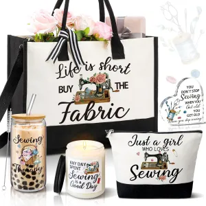 5 Pcs Gifts for Sewing Lover Appreciation Gifts Tote Bag Mother's or Teacher's Day Gifts Include Tote Bag Glass Cup Acrylic Puzzle Plaque Makeup Bag Scented Candle(Sewing Lover)