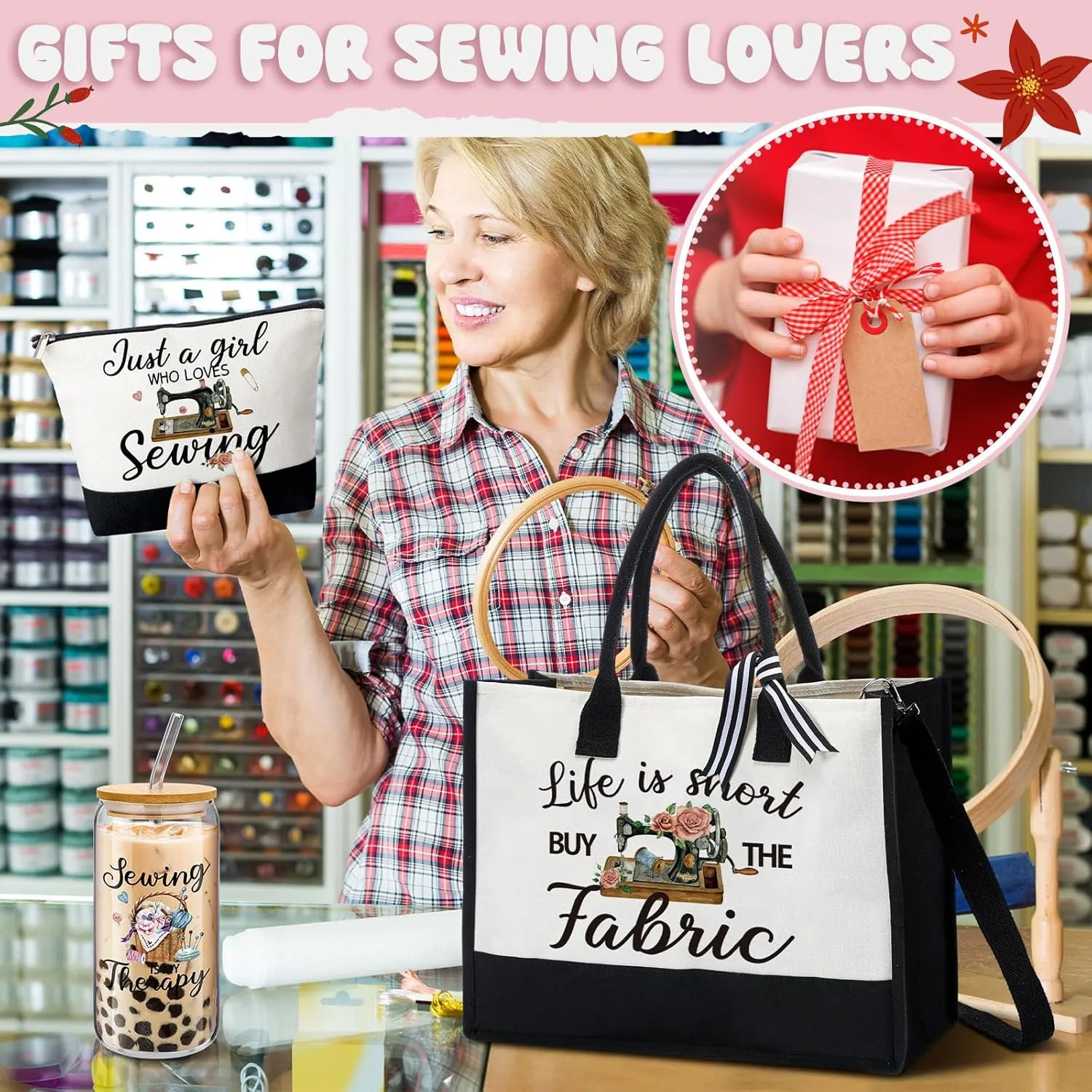 5 Pcs Gifts for Sewing Lover Appreciation Gifts Tote Bag Mother's or Teacher's Day Gifts Include Tote Bag Glass Cup Acrylic Puzzle Plaque Makeup Bag Scented Candle(Sewing Lover)