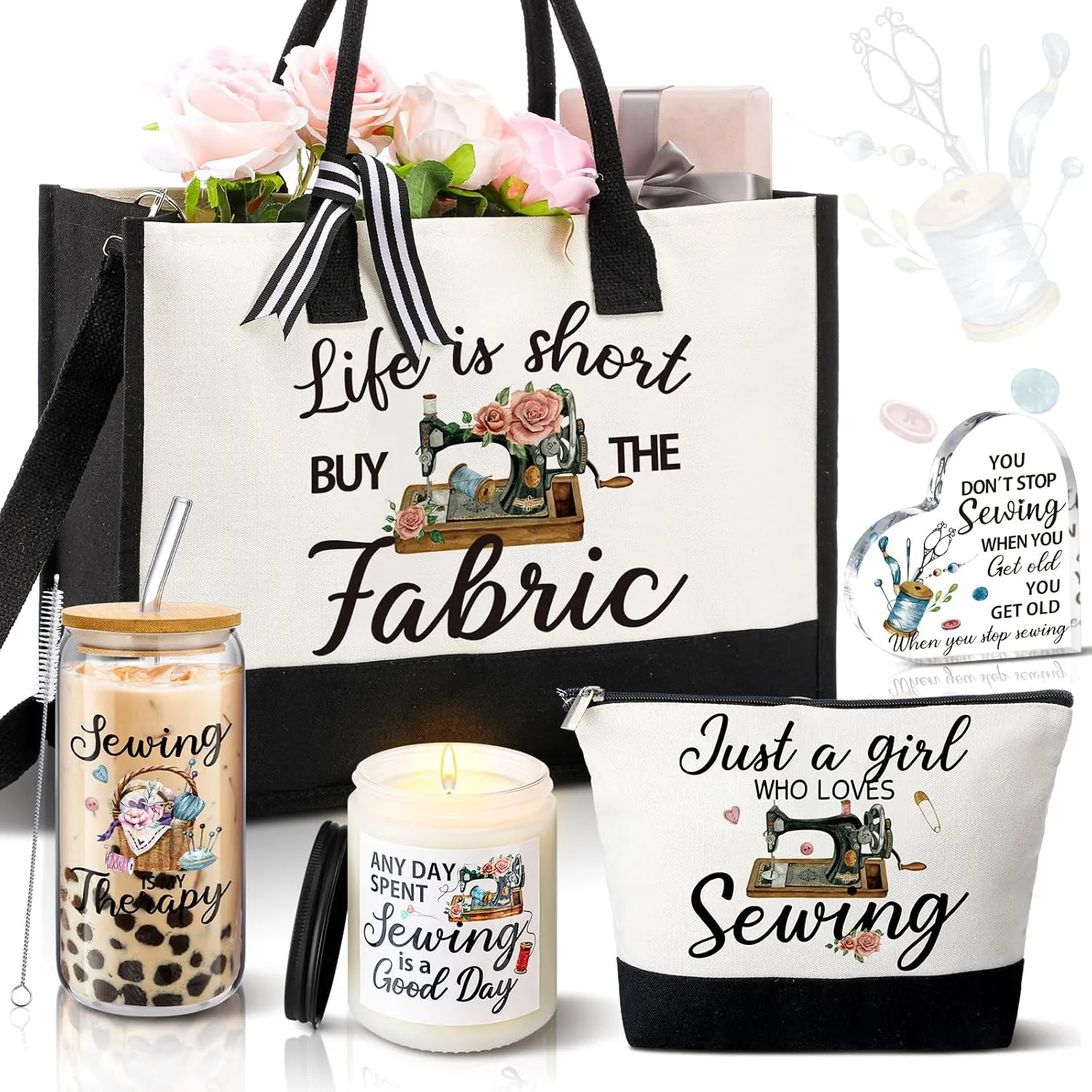 5 Pcs Gifts for Sewing Lover Appreciation Gifts Tote Bag Mother's or Teacher's Day Gifts Include Tote Bag Glass Cup Acrylic Puzzle Plaque Makeup Bag Scented Candle(Sewing Lover)