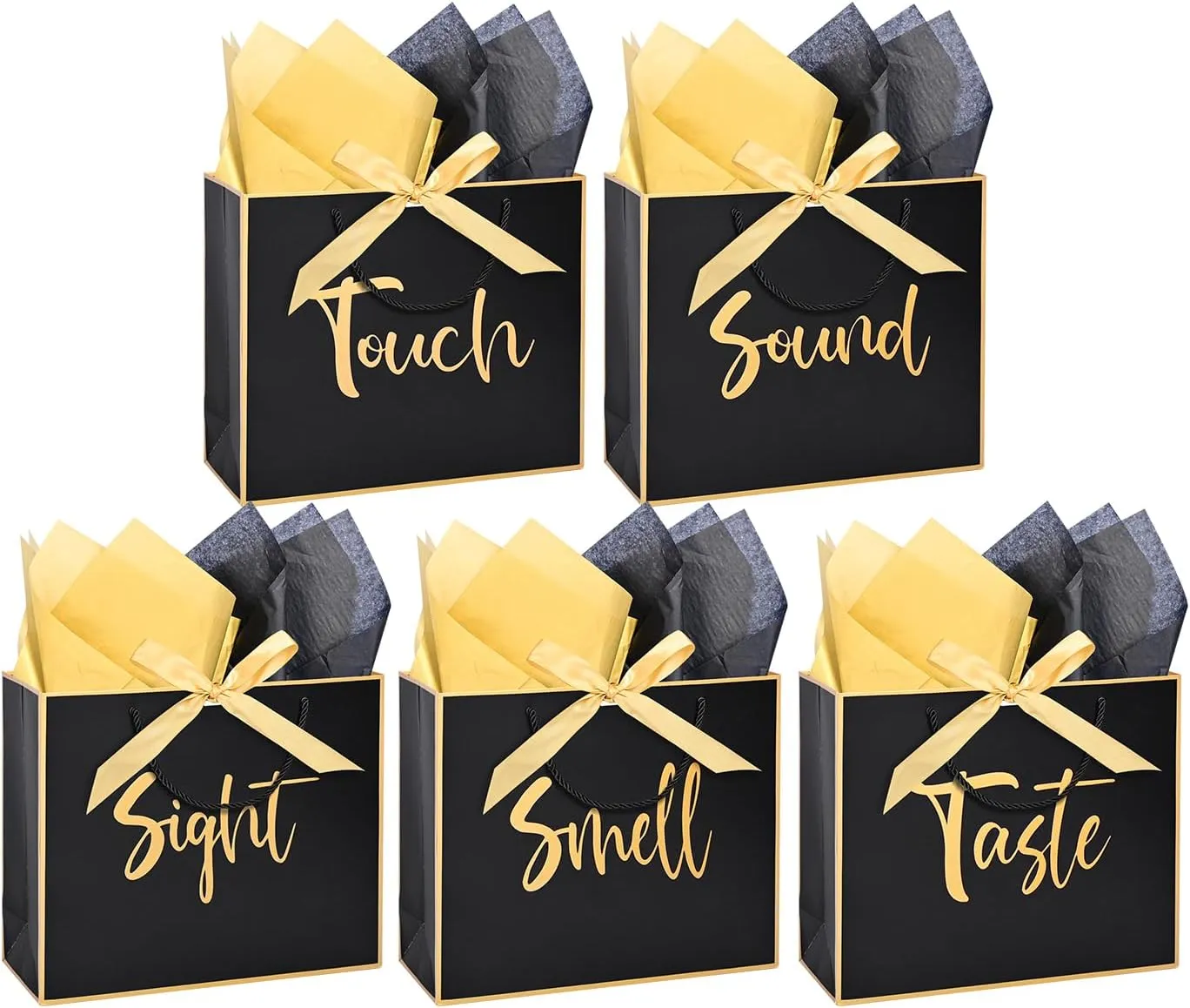 5 Senses Gift Bags, Metallic Sight Smell Touch Taste Sound Gift Bags,Five Senses Gift Bag for Him with Handles and Tissue Paper for Birthday, Mothers Day, Anniversary, Christmas(12 x 10 x 4 Inch)