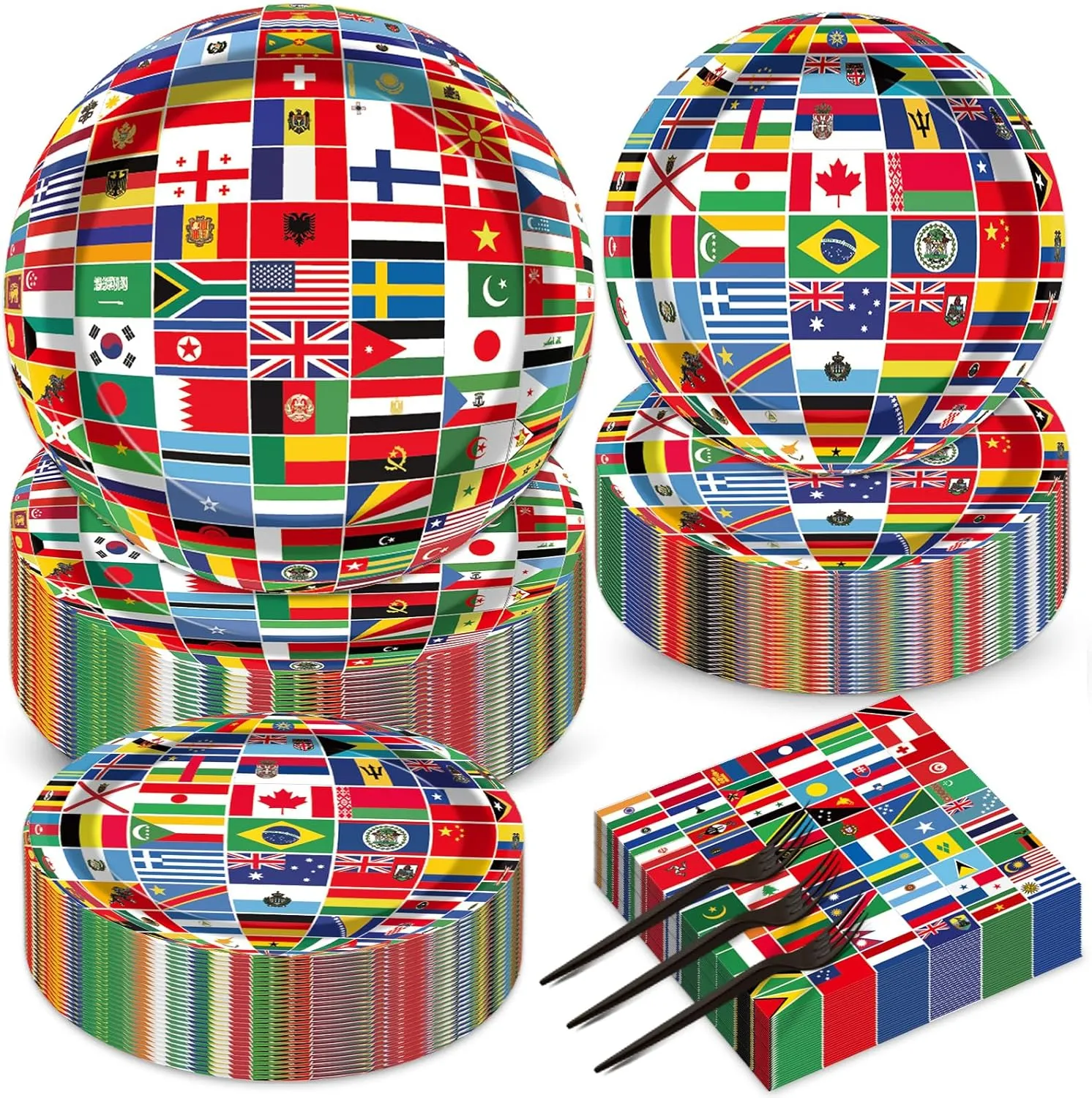 50 Guests International World Flags Party Supplies Decor Around The World Plates and Napkins Forks Travel Trip International Flags Tableware Country Paper Plates for Birthday Baby Shower Party 200PCS