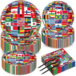 50 Guests International World Flags Party Supplies Decor Around The World Plates and Napkins Forks Travel Trip International Flags Tableware Country Paper Plates for Birthday Baby Shower Party 200PCS