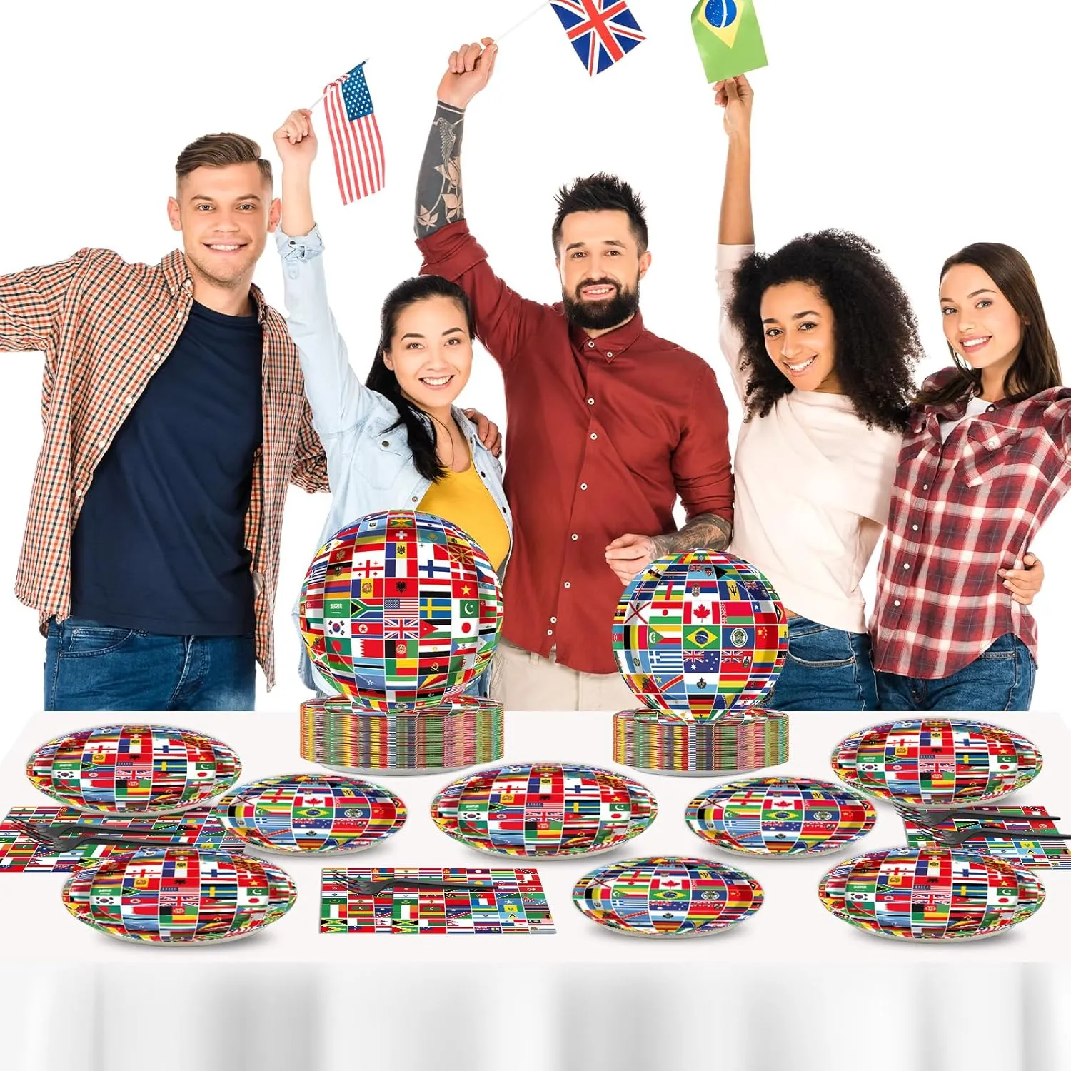 50 Guests International World Flags Party Supplies Decor Around The World Plates and Napkins Forks Travel Trip International Flags Tableware Country Paper Plates for Birthday Baby Shower Party 200PCS