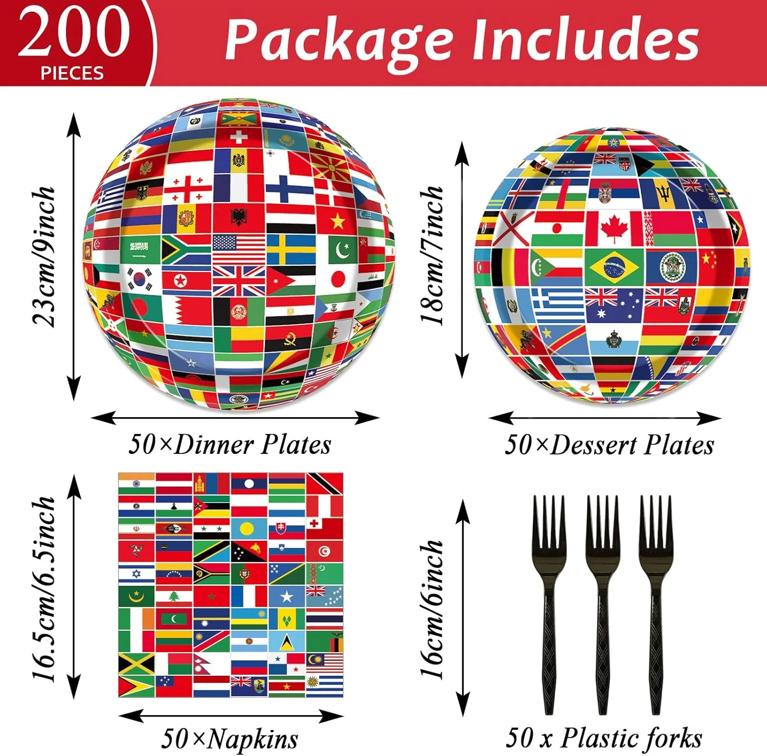 50 Guests International World Flags Party Supplies Decor Around The World Plates and Napkins Forks Travel Trip International Flags Tableware Country Paper Plates for Birthday Baby Shower Party 200PCS
