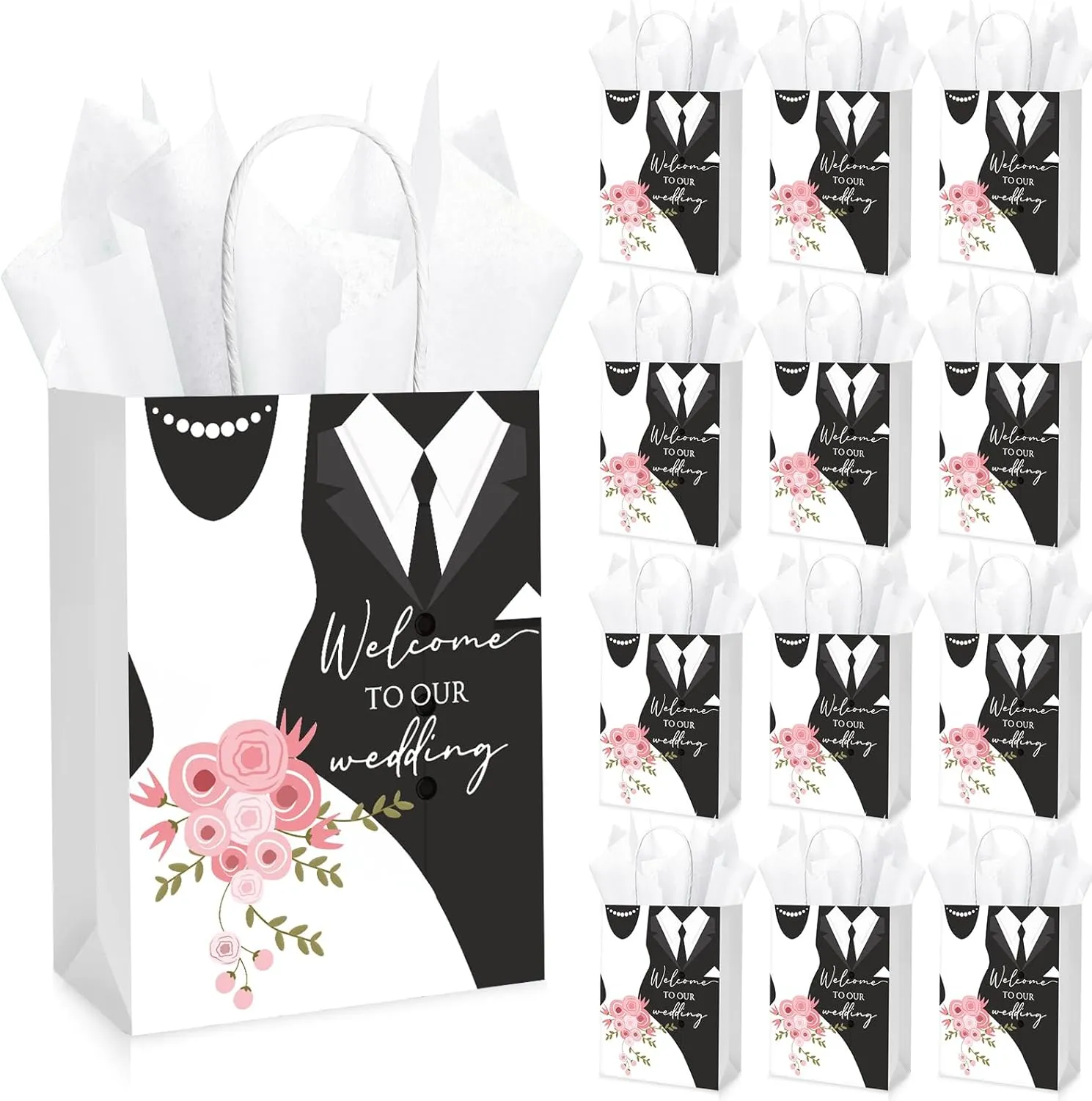 50 Sets Wedding Welcome Bags with 50 Sheets Tissue Paper Mr. and Mrs. Welcome to Our Wedding Favor Bags Paper Bags with Handles Wedding Party Gift Bags Welcome Wedding Bags for Hotel Guests
