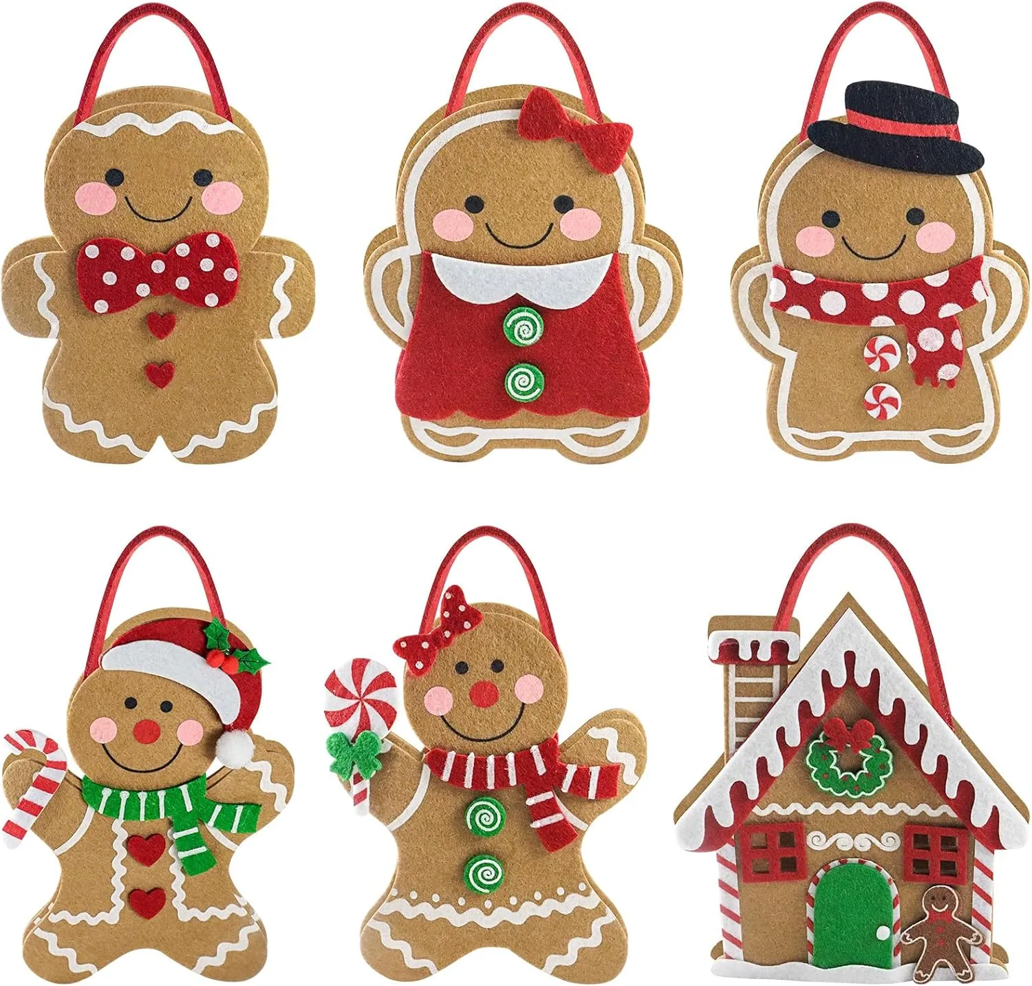 6 PCS Felt Christmas Treat Bags Small Christmas Party Favor Gift Bags for Holiday Candy, Snacks, and Goodies Wrapping Xmas Holiday Stuffers Holders for Guest Families Supplies (Gingerbread Man)